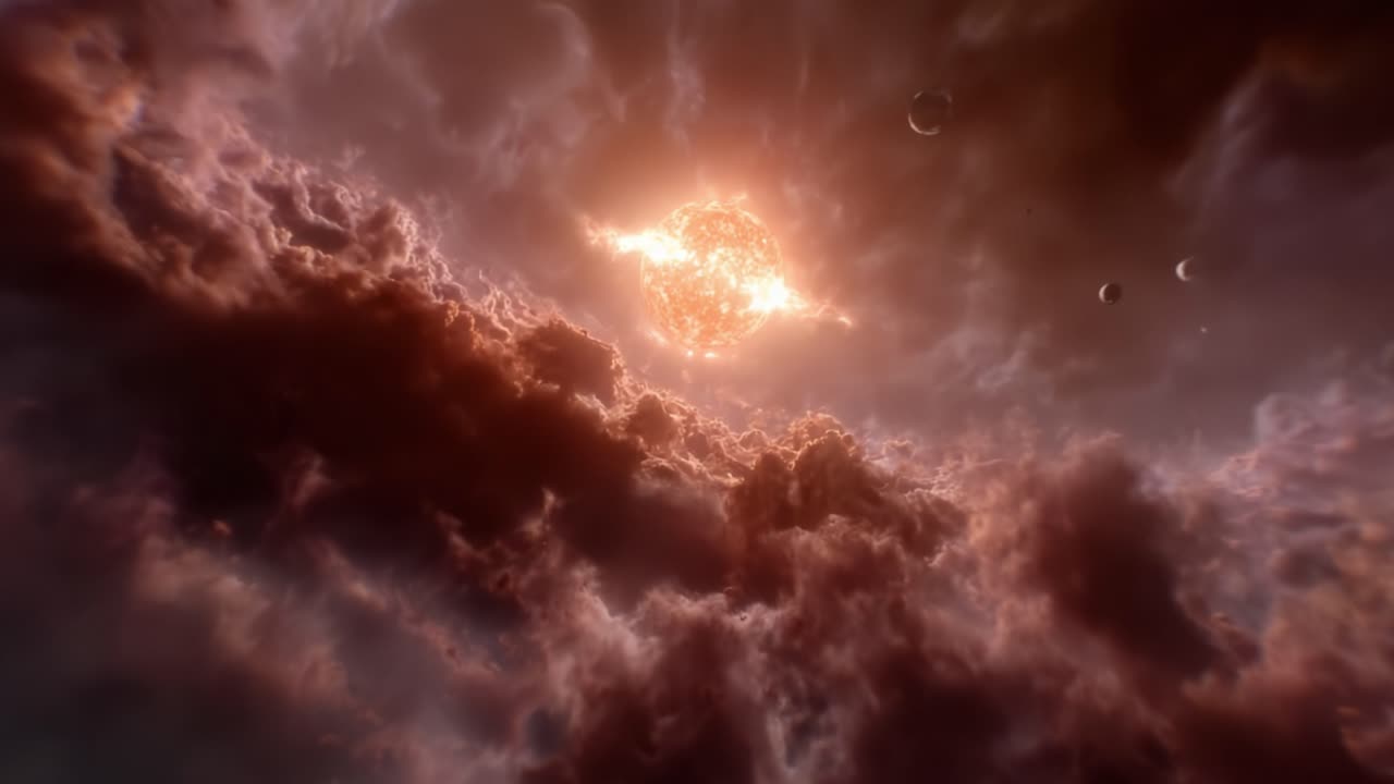 Stunning Celestial Scene: A Glimpse at a Dazzling Star Surrounded by Ethereal Clouds and Distant Planets in a Vibrant Cosmic Landscape