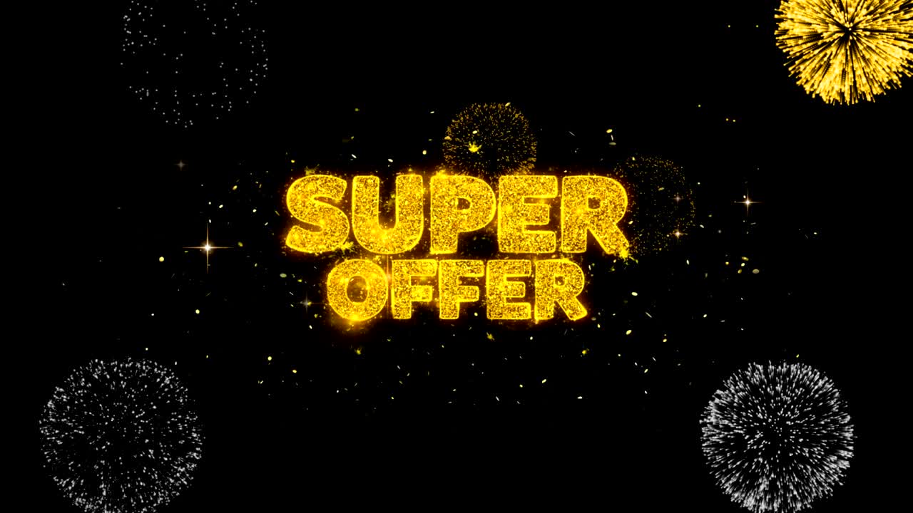 황금색 불꽃놀이 디스플레이와 함께 황금색 텍스트 박이는 입자를 제공하는 슈퍼