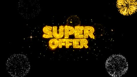 súper oferta de texto dorado partículas parpadeantes con exhibición de fuegos artificiales dorados