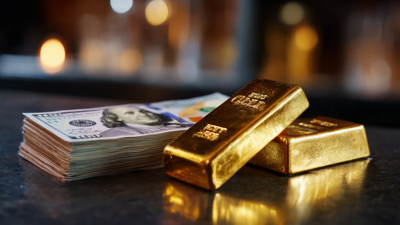 A dazzling display of wealth, featuring two gleaming gold bars resting beside a stack of hundred-dollar bills, showcasing the timeless allure of precious metals and currency in a luxurious setting