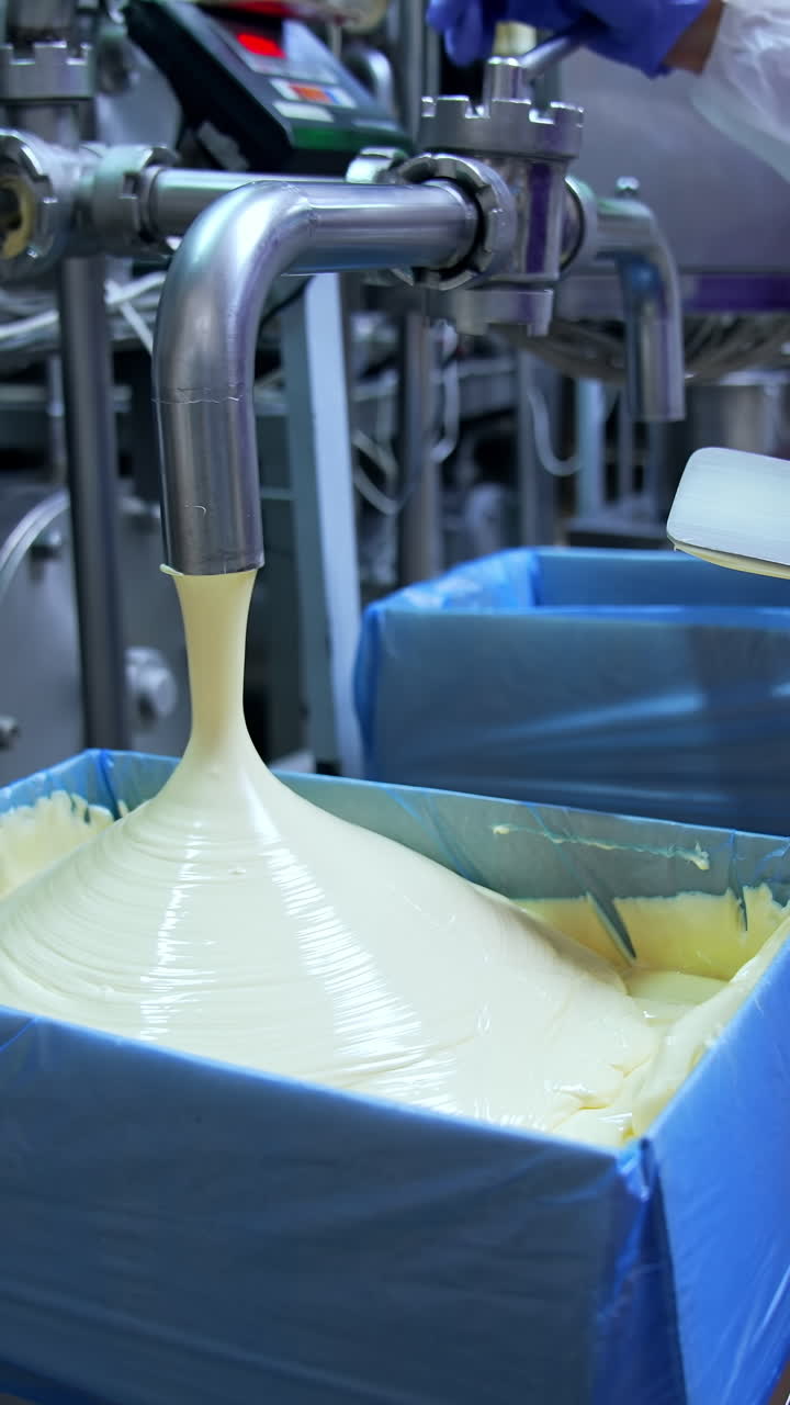 Making butter on a dairy factory. Industrial equipment at milk factory. Worker on a dairy production plant. Fresh smooth butter pouring from pipe into a box.. Vertical video