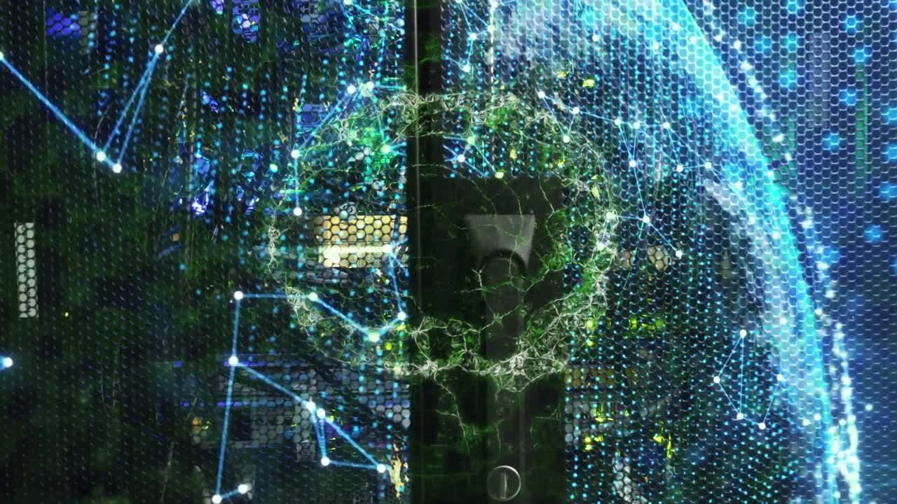 Animation of digital brain, globe, computer monitor and dots connecting with lines