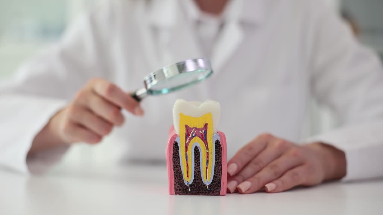 Close-up of a tooth model being examined