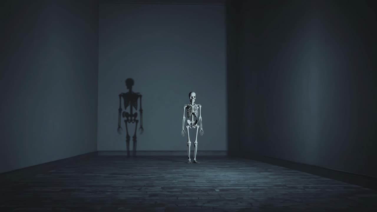 A low-angle video shot of a skeleton casting a shadow on a dimly lit room's wall