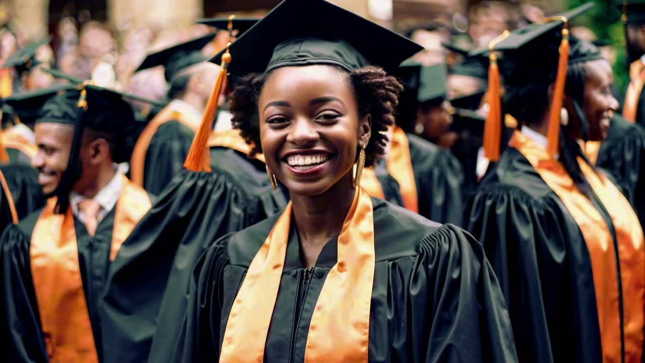 Joyful graduates in caps and gowns, smiling at the camera