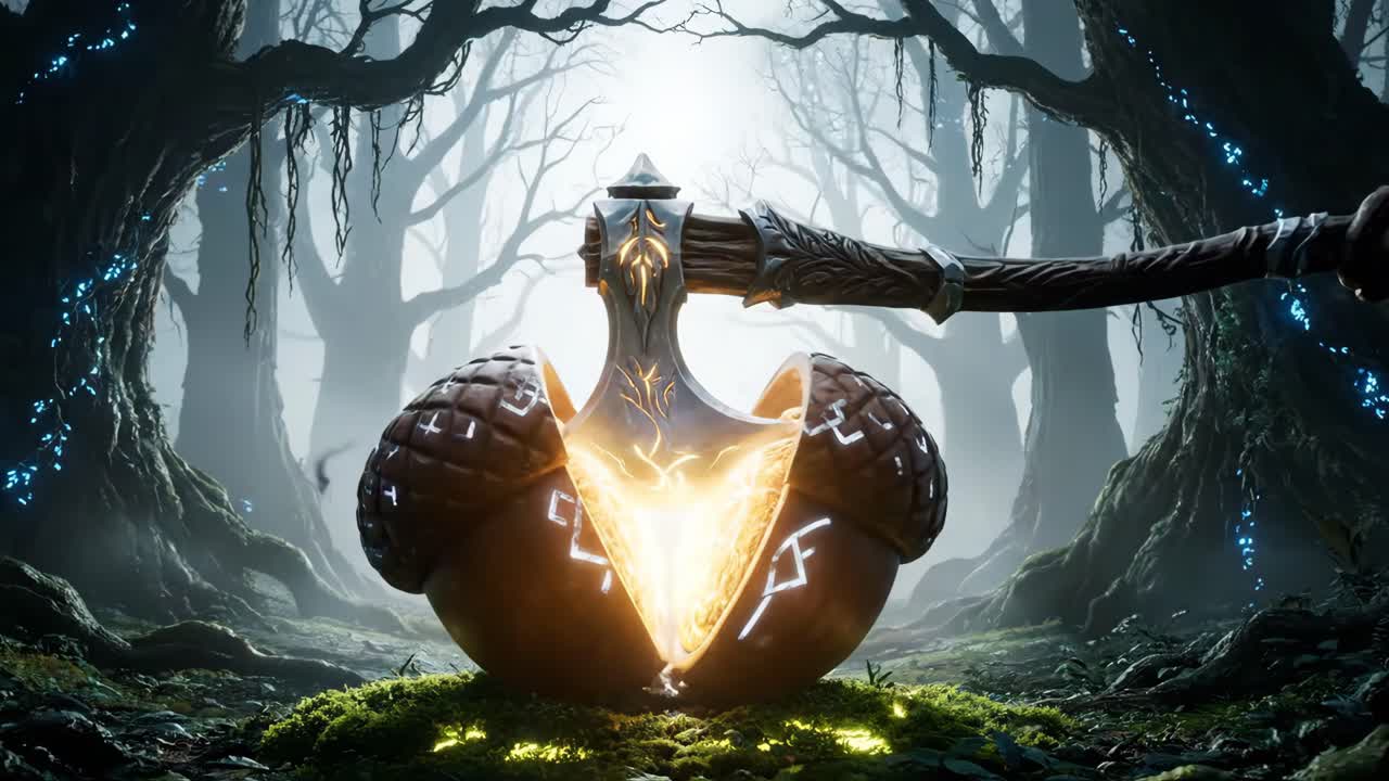 Mystical Axe and Acorn in Enchanted Forest
