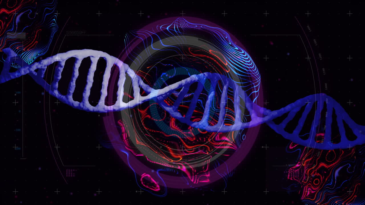 Colorful digital patterns and abstract circular design in DNA strand animation