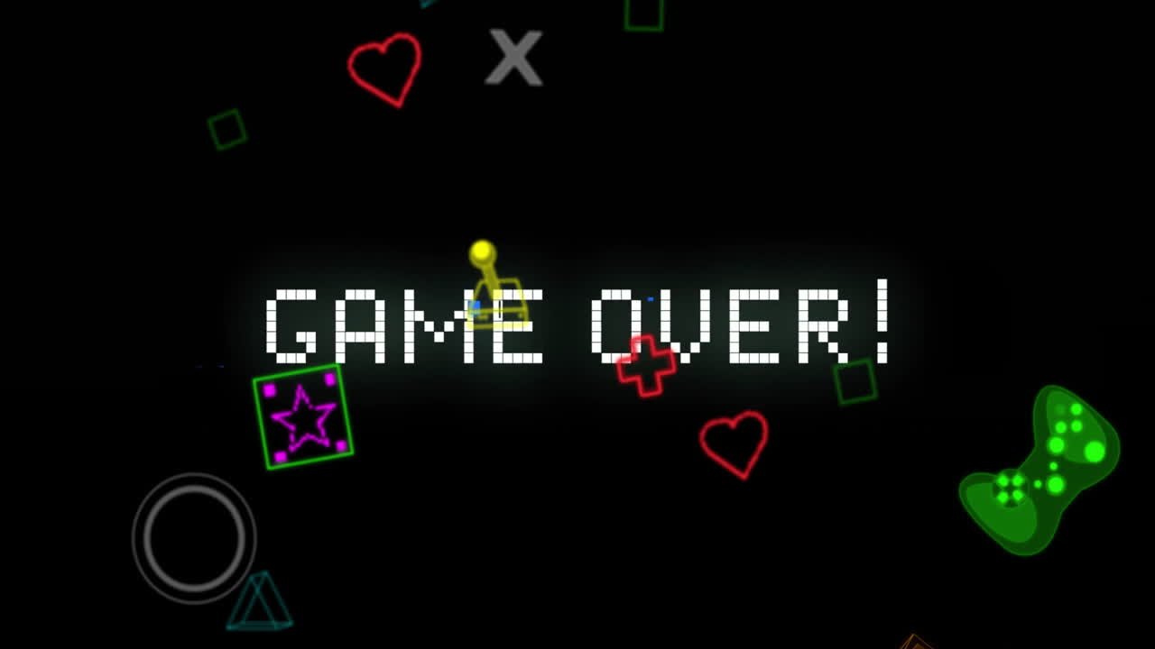 비디오 게임의 네온 아이템을 검은 바탕에 있는 텍스트 위에 게임 위에 애니메이션으로 표시합니다.