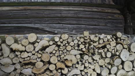 firewood stacked under the roof of an old house