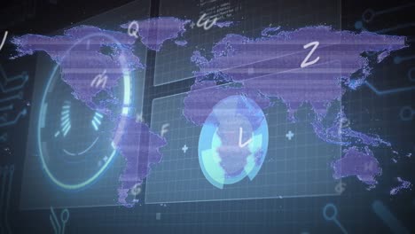 animación de alfabetos a través de la interfaz con procesamiento de datos contra el mapa del mundo en fondo negro.