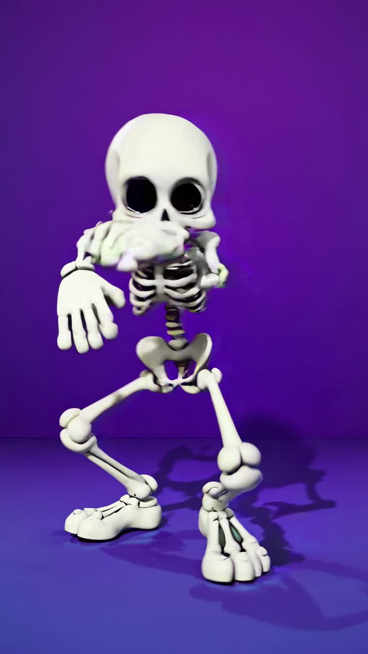 A playful skeleton dances against a purple backdrop. Low-angle shot adds dynamic energy, perfect