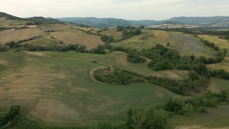 Luftbilder-Der-Toskana-In-Italien,-Bewirtschaftete-Felder-Im-Sommer,-Kranblick,-Trockene-Bewirtschaftete-Felder