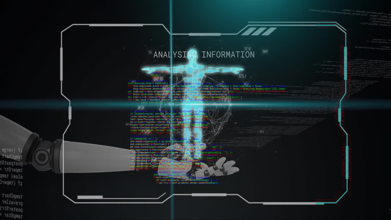 Analyzing information animation over robotic hand holding holographic human figure