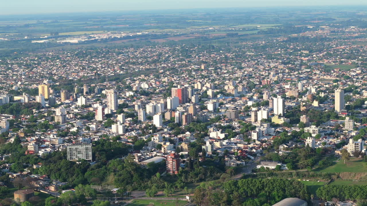 Wide aerial view of the small town of Zarate in the province of Buenos Aires. Argentina. 4k.