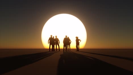 Siluetas-De-Personas-En-Una-Gran-Puesta-De-Sol-De-Pie-Sin-Hacer-Nada