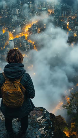 hiker overlooking a city engulfed in fog and orange lights at twilight