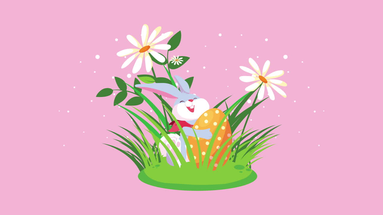 happy easter card with cute rabbit and egg in the garden