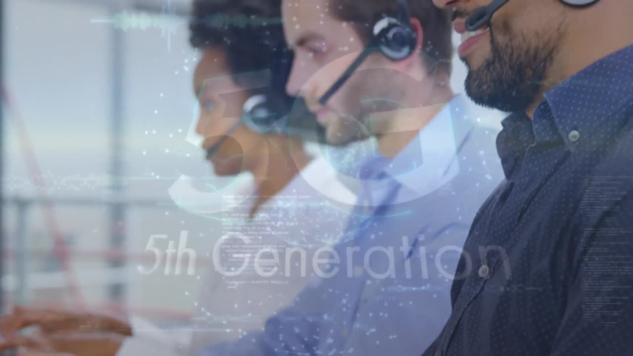 Animation of 5g 5th generation over diverse female and male call center workers