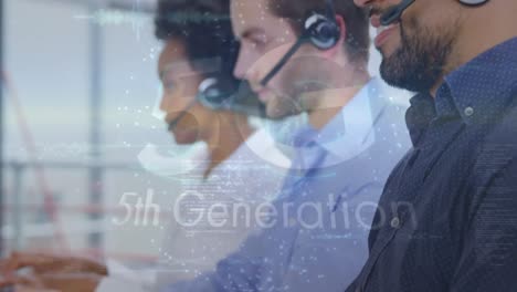 Animation-of-5g-5th-generation-over-diverse-female-and-male-call-center-workers