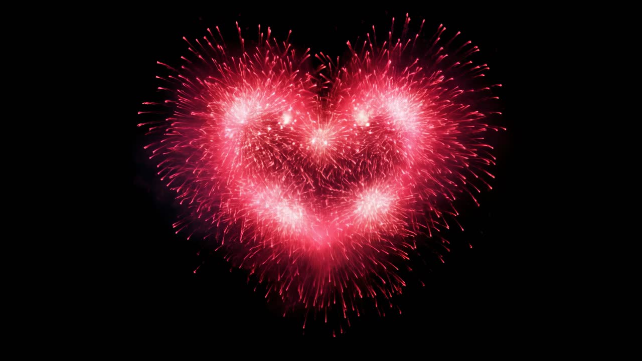 Aerial view of heart-shaped fireworks bursting in the night sky, captured in vibrant red hues