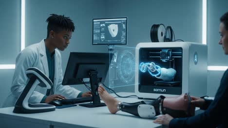 a high-tech laboratory scene featuring a scientist creating a sophisticated prosthetic limb using advanced 3d printing technology, showcasing innovative healthcare solutions and robotics.