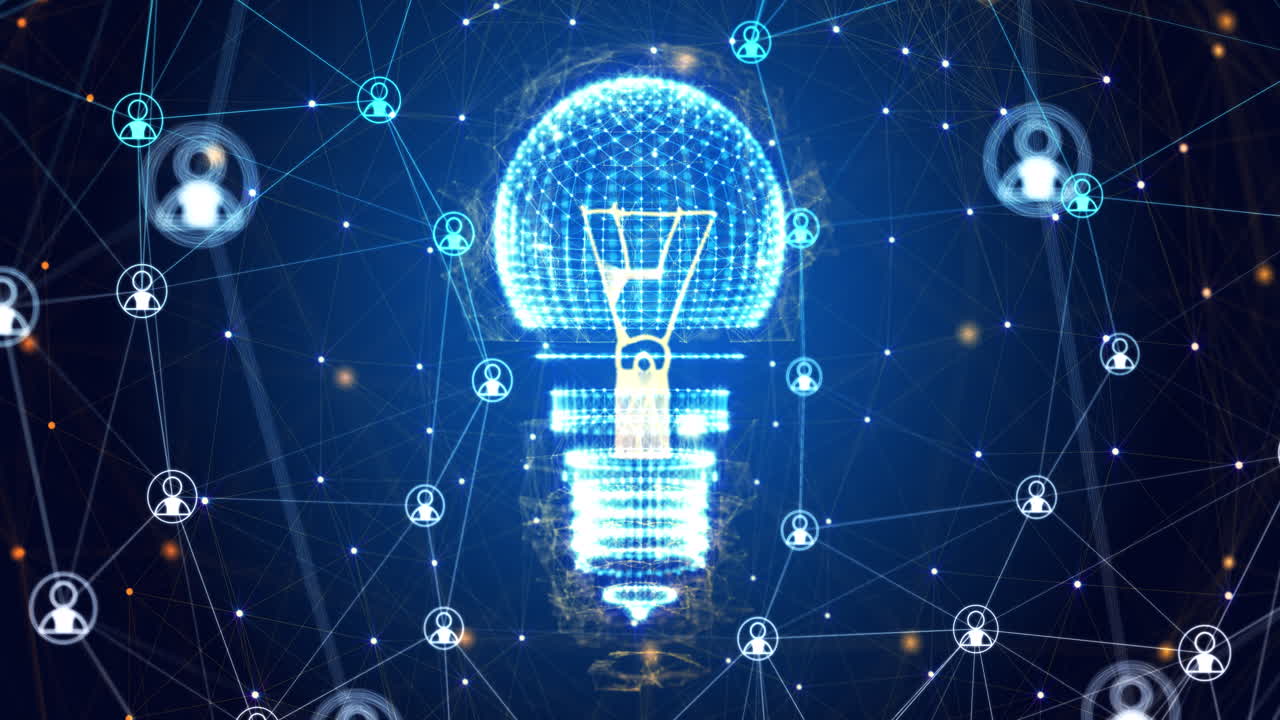 파란색 배경에 연결 네트워크와 함께 회전하는 전구의 애니메이션