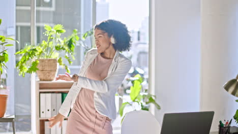 music, dance and business woman in office