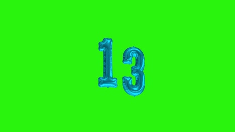 number 13 thirteen year celebration blue foil balloon floating green screen