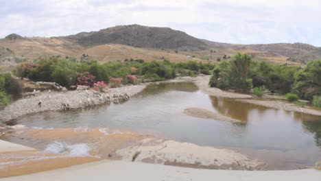 A-flock-of-sheep-approaches-a-shallow-river-to-drink-water