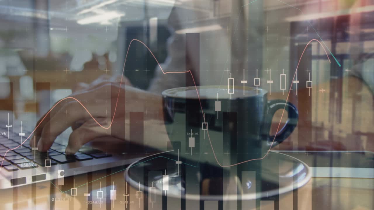 Animação de estatísticas e processamento de dados sobre homem usando laptop