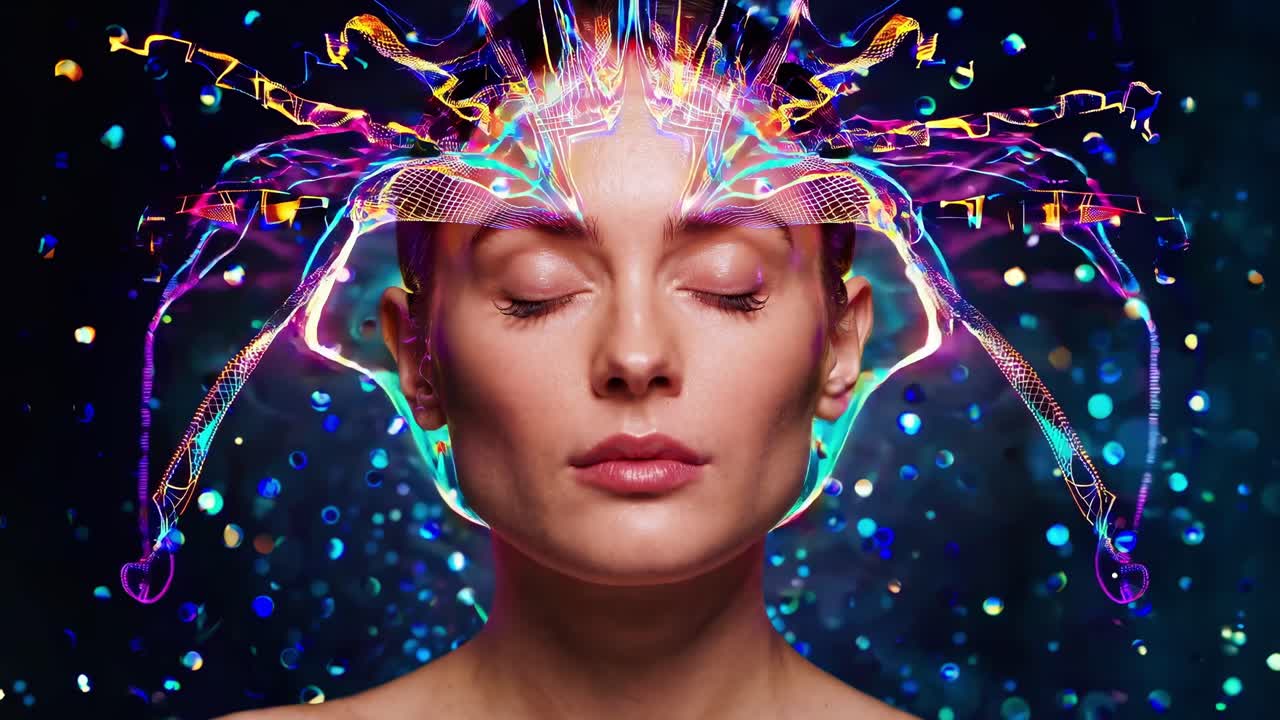 Energy visualization shows colorful waves emanating from a woman's head with closed eyes, suggesting meditation, mindfulness, or psychic abilities