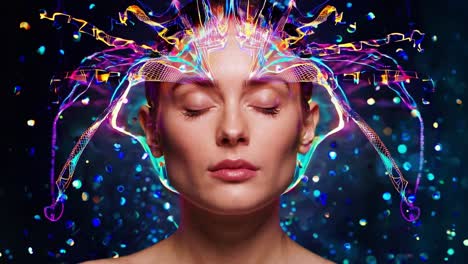 energy visualization shows colorful waves emanating from a woman's head with closed eyes, suggesting meditation, mindfulness, or psychic abilities