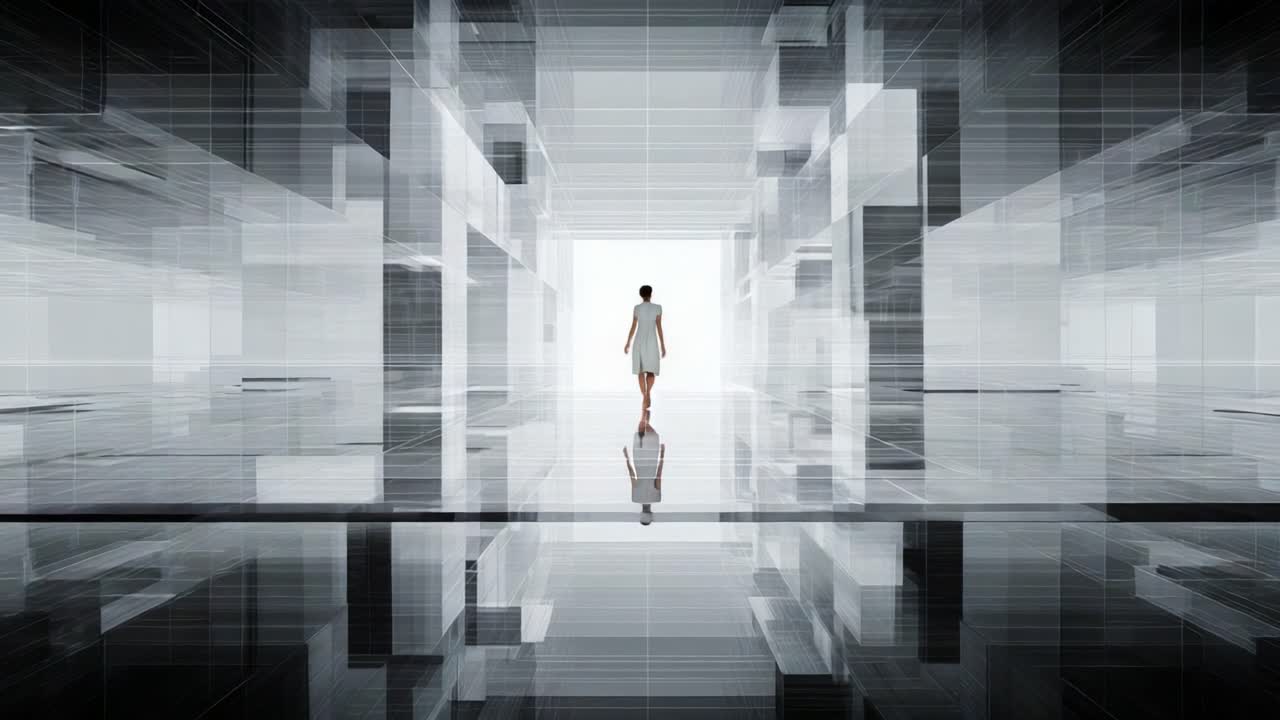 A solitary figure walks through a labyrinthine corridor of glass and reflections, evoking a sense of mystery and exploration in a futuristic architectural space