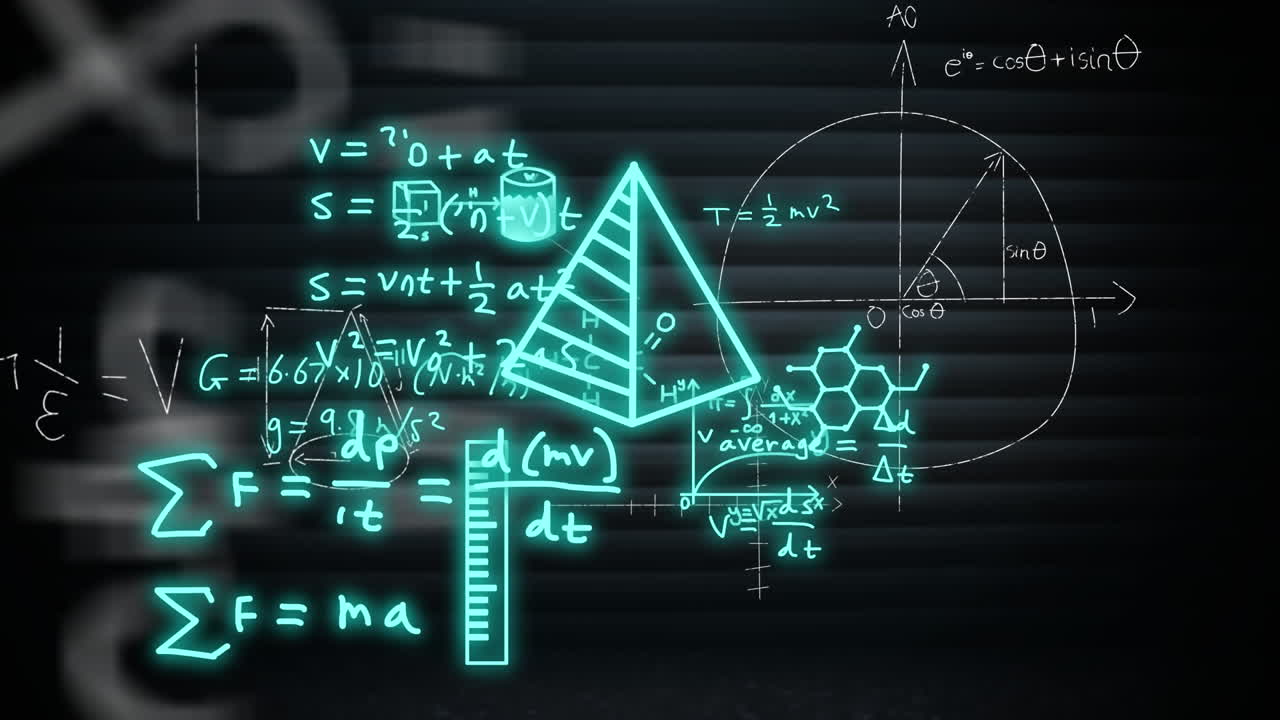 Animation of mathematical formulae and scientific data processing over black background