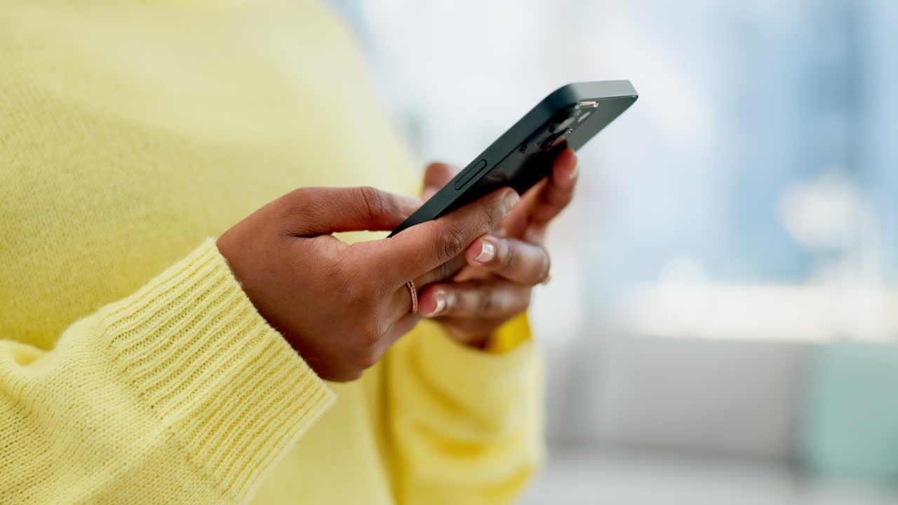 Phone, hands and typing in home on social media