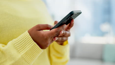 phone, hands and typing in home on social media