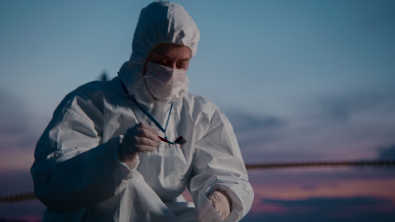 Scientist in Protective Suit Analyzing Sample