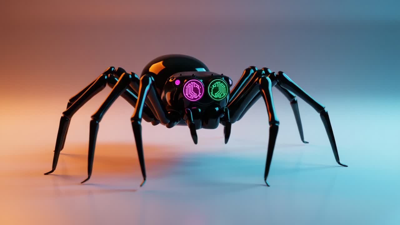 A Futuristic Robotic Spider with Colorful LED Eyes Captured in Two Stages, Highlighting Its Intricate Design and Advanced Technology in a Visually Striking Setting