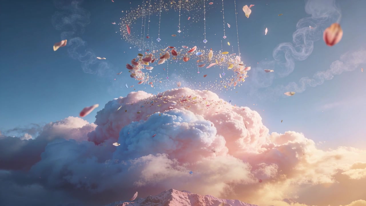 Ghirlanda floreale rotante che fluttua sopra una nuvola color pastello sopra una montagna innevata, petali che vanno alla deriva