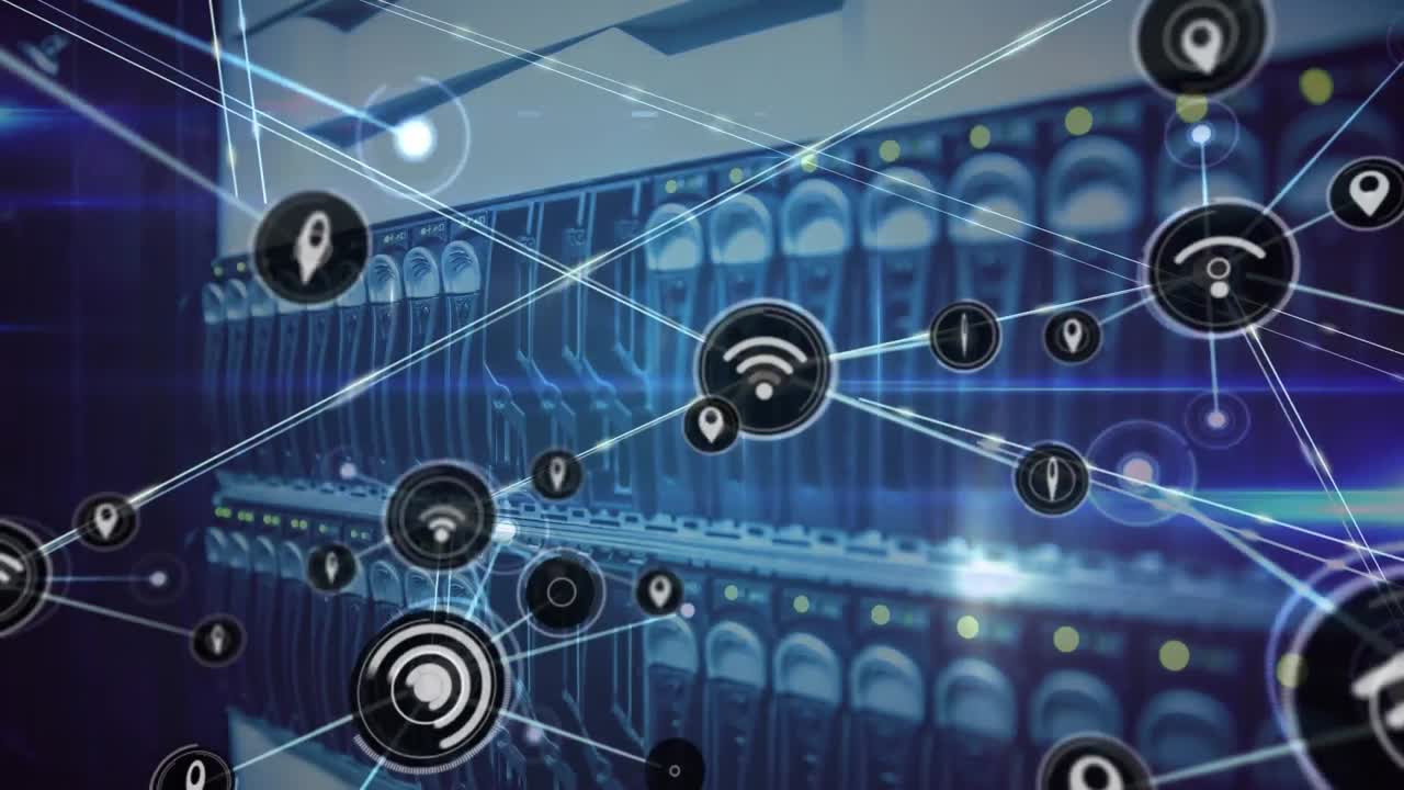 Animation of network of connections with icons over server room and data processing