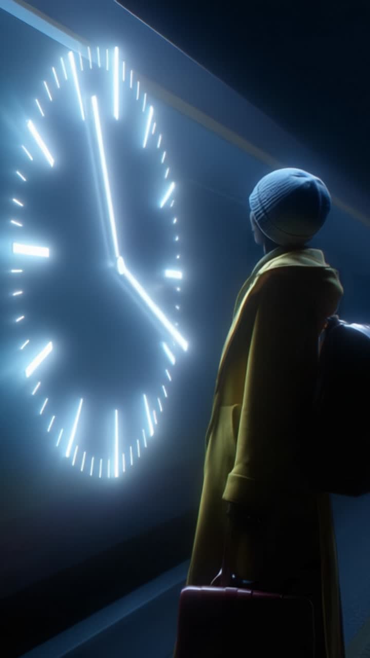 Una persona con un cappotto giallo e un berretto di lana si ferma ammirata mentre guarda un orologio luminoso e futuristico, contemplando il passare del tempo in un ambiente surreale.