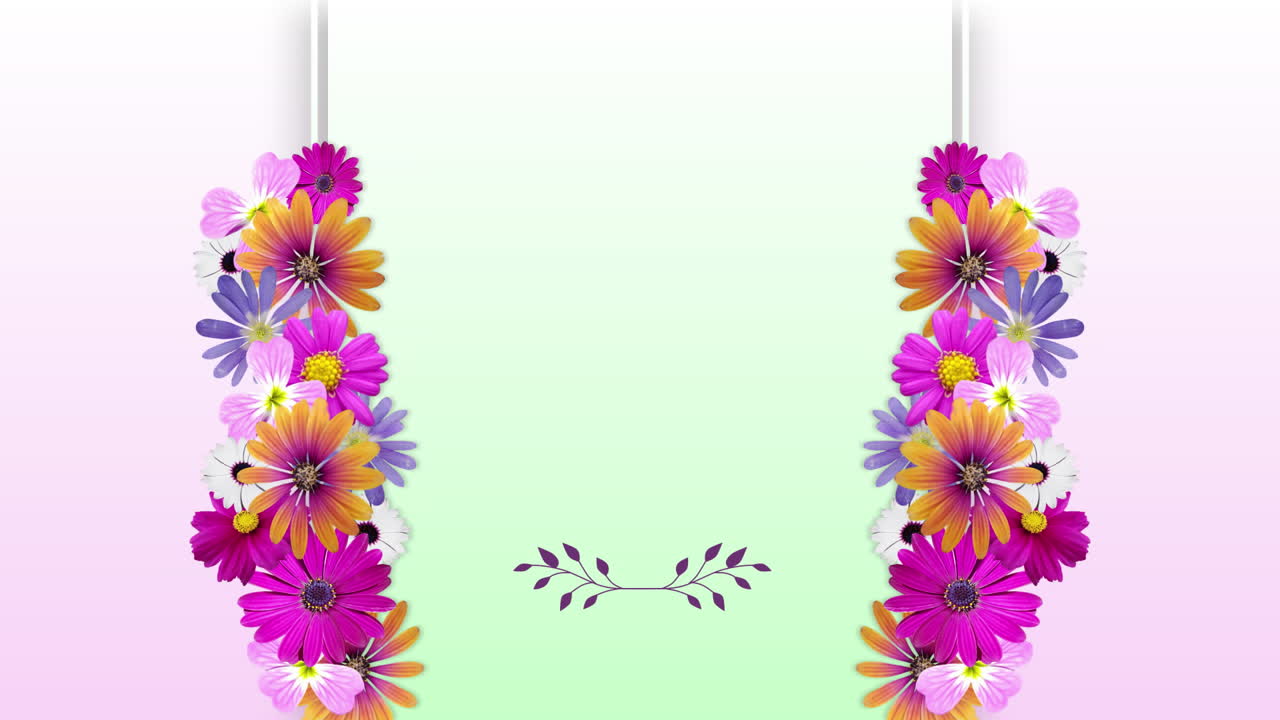 밝은 분홍색에 중앙 희미한 초록색 복사 공간과 프레임에 자라는 다채로운 꽃의 애니메이션