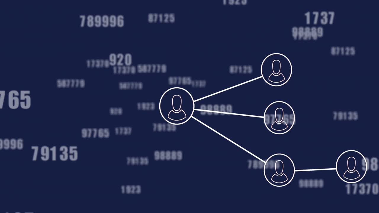 animación de una red de iconos de perfil y múltiples números cambiantes contra un fondo azul.