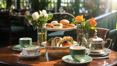 afternoon tea with pastries and tea at a charming cafг© setting