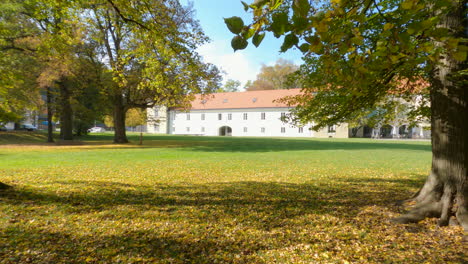 Colores-Otoñales-A-Través-De-Un-Parque-De-árboles-Con-Hojas-Que-Caen-Y-El-Castillo-De-Ravne-En-El-Fondo