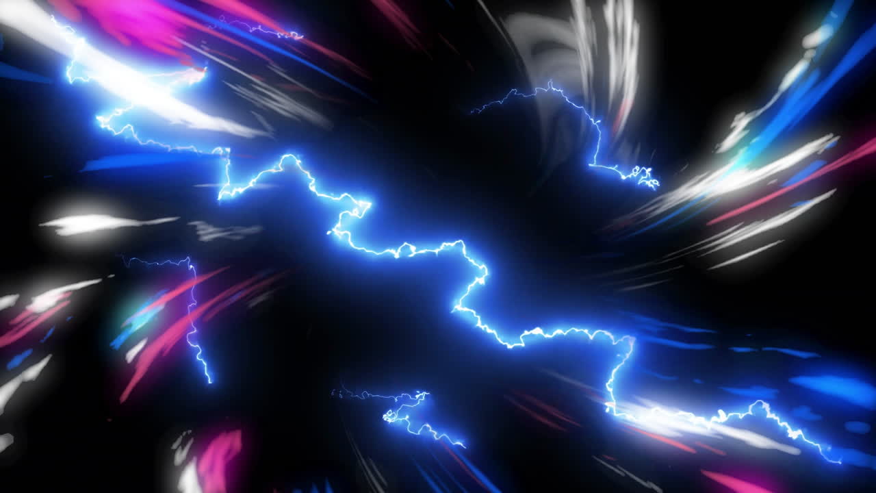 Electric blue lightning animation over colorful streaks on black background