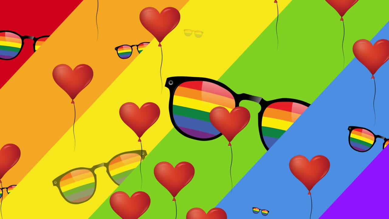 animación de corazones sobre gafas de arco iris en el fondo del arco iris