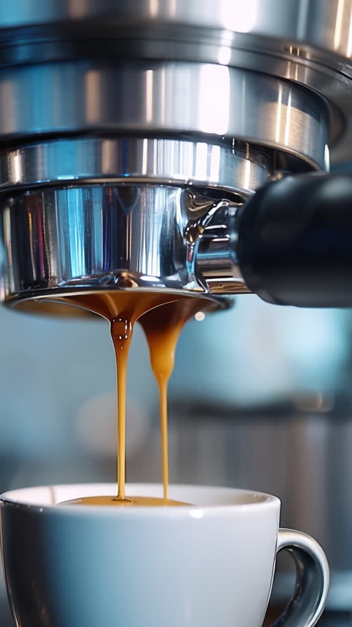 Espresso perfectamente preparado vertiéndose de una máquina profesional en una taza de café blanca, capturando el rico aroma y la textura cremosa del café recién hecho.