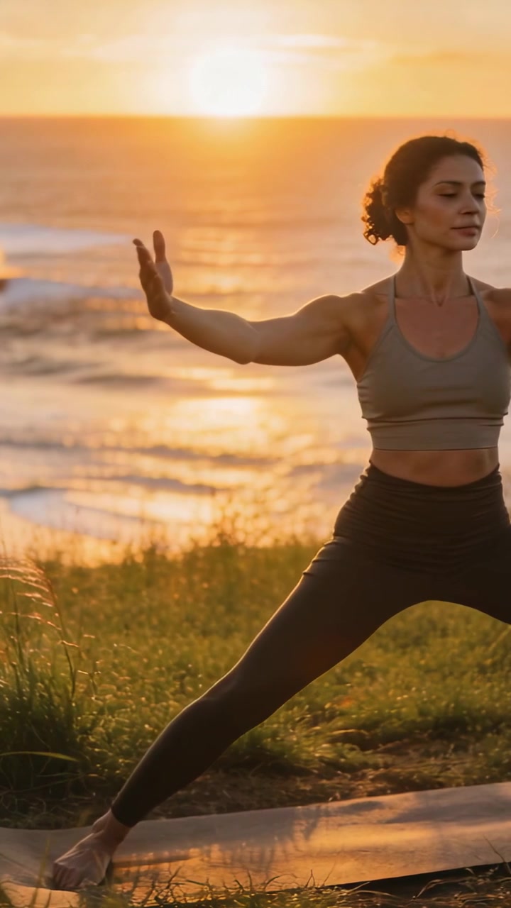 Video verticale: Donna che pratica yoga con grazia su una scogliera costiera, canotta e leggings, con il tramonto che illumina il tappetino.