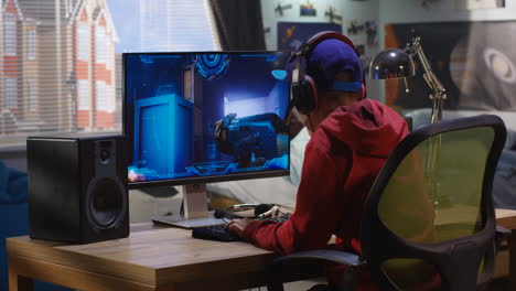 Teenager Playing a First-Person Shooter Video Game